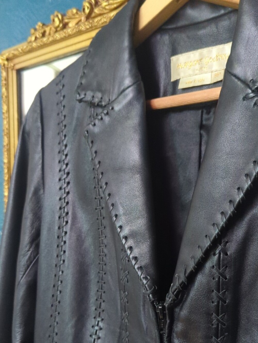 Women's Black Leather Jacket with Decorative Stitching - Picture 4 of 6
